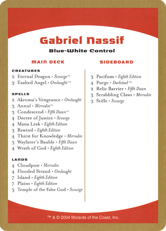 Gabriel Nassif Decklist [World Championship Decks 2004] | Dragon's Lair Comics and Fantasy Houston TX