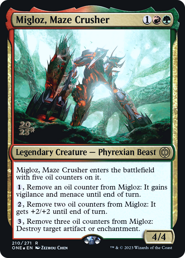 Migloz, Maze Crusher [Phyrexia: All Will Be One Prerelease Promos] | Dragon's Lair Comics and Fantasy Houston TX