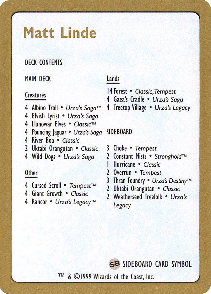 Matt Linde Decklist [World Championship Decks 1999] | Dragon's Lair Comics and Fantasy Houston TX