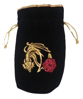 Large Dice Bag Black Velvet and Gold Satin (Dragon D20 Design) | Dragon's Lair Comics and Fantasy Houston TX