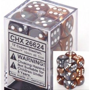 Chessex Gemini Copper and Steel with White 16mm d6 set | Dragon's Lair Comics and Fantasy Houston TX