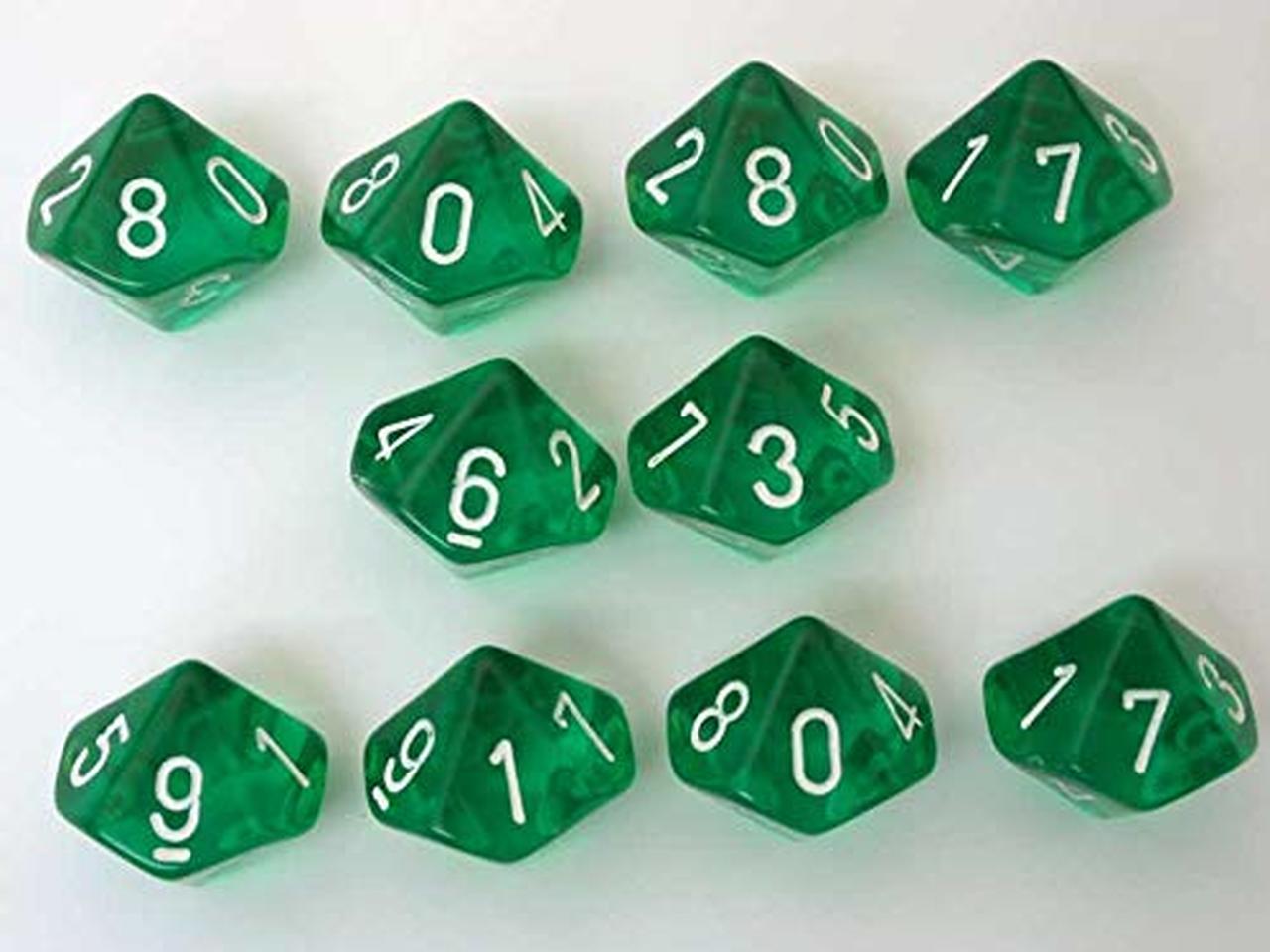 Chessex Translucent Green with White d10 Set | Dragon's Lair Comics and Fantasy Houston TX