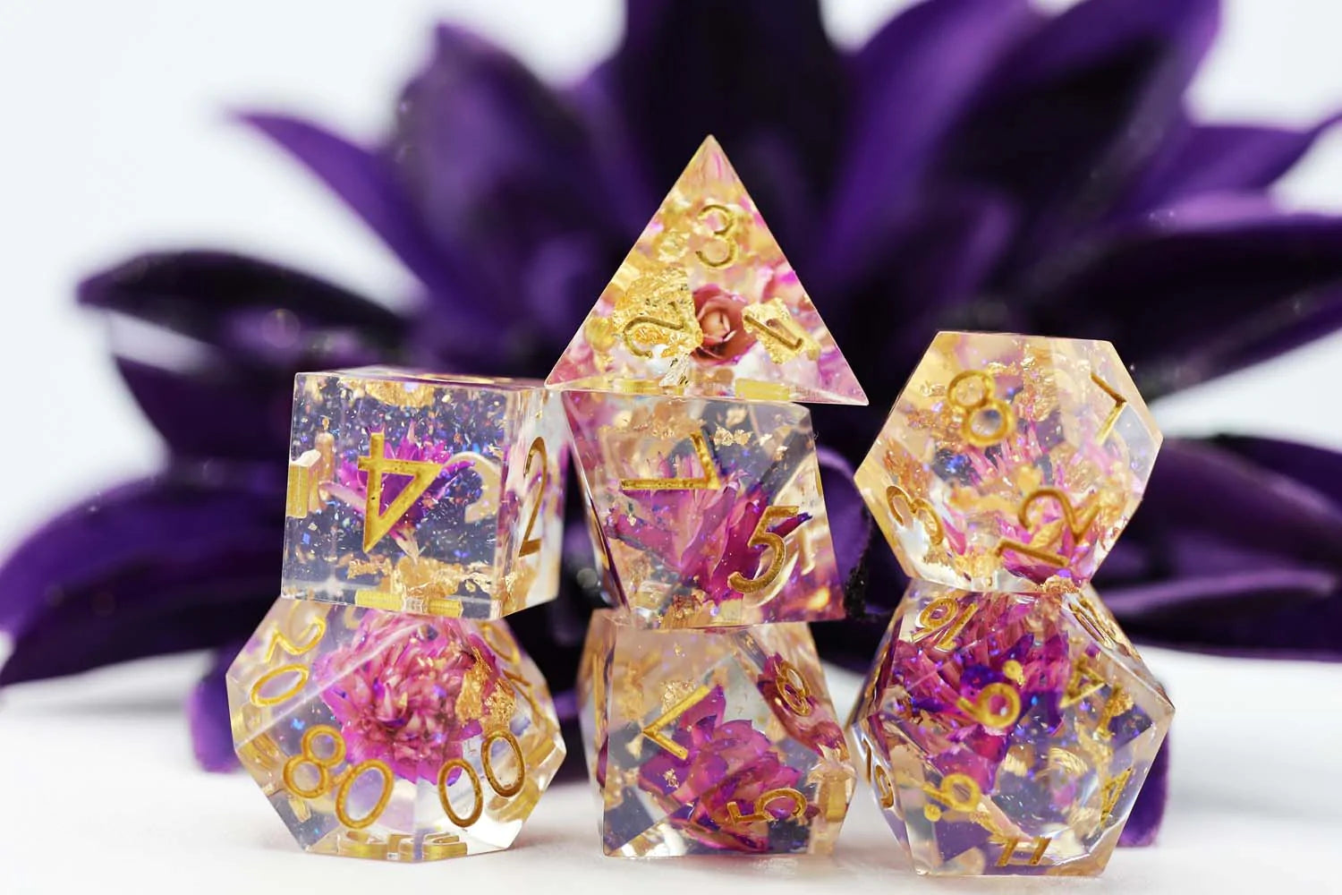 Foam Brain Poly 7 Dice Set: Hand-Polished Sharp-Edge Purple Lotus | Dragon's Lair Comics and Fantasy Houston TX