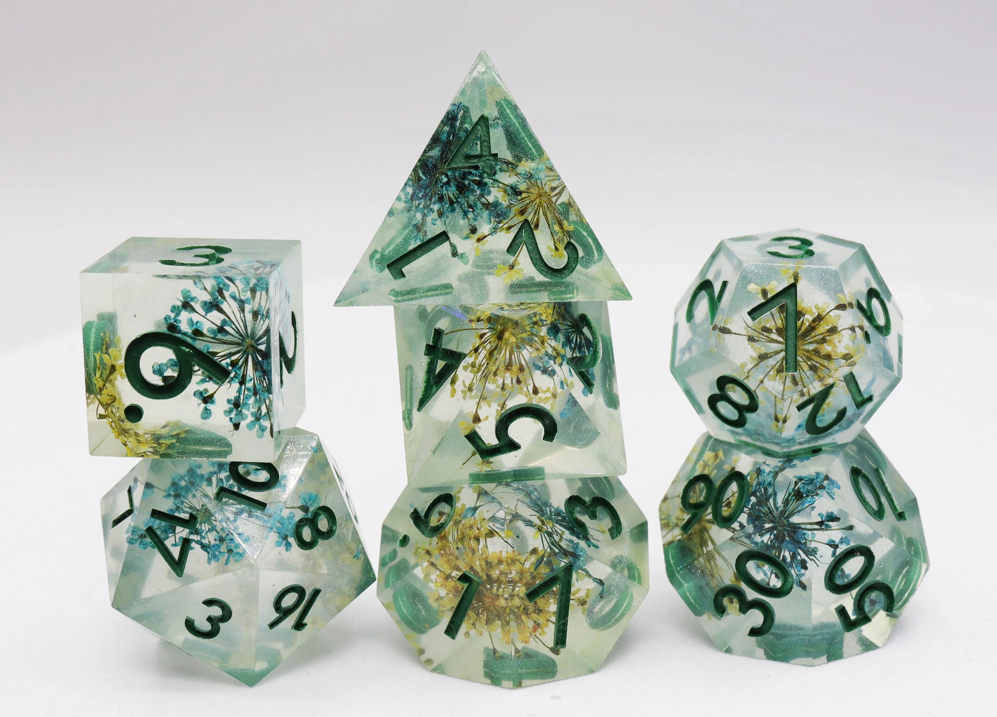 Foam Brain Poly 7 Dice Set: Hand-Polished Sharp-Edge Spring Meadow | Dragon's Lair Comics and Fantasy Houston TX