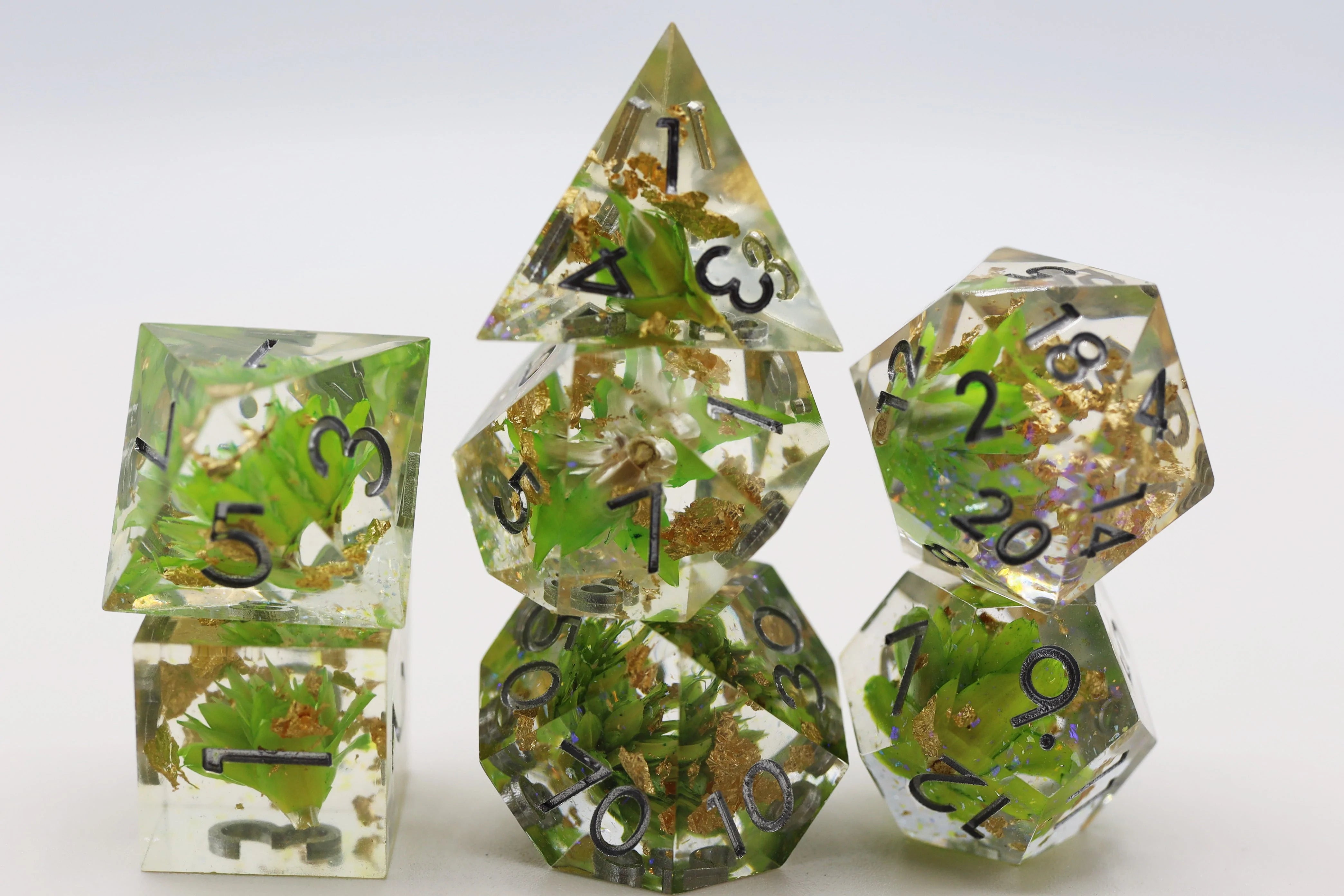 Foam Brain Poly 7 Dice Set: Hand-Polished Sharp-Edge Green Lotus | Dragon's Lair Comics and Fantasy Houston TX
