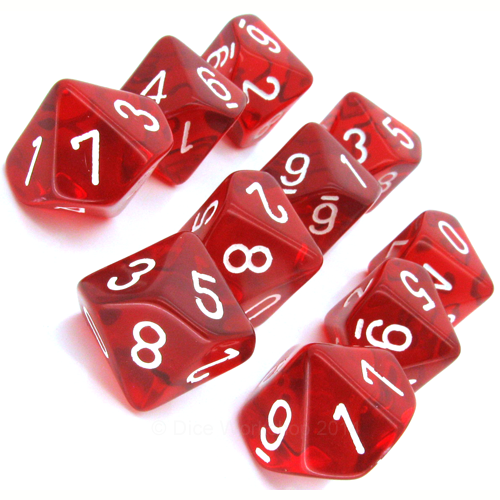 Chessex Translucent Red with White d10 Set | Dragon's Lair Comics and Fantasy Houston TX