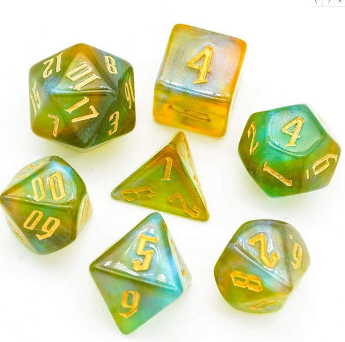 Foam Brain Green and Gold Spell Casting RPG Dice Set | Dragon's Lair Comics and Fantasy Houston TX