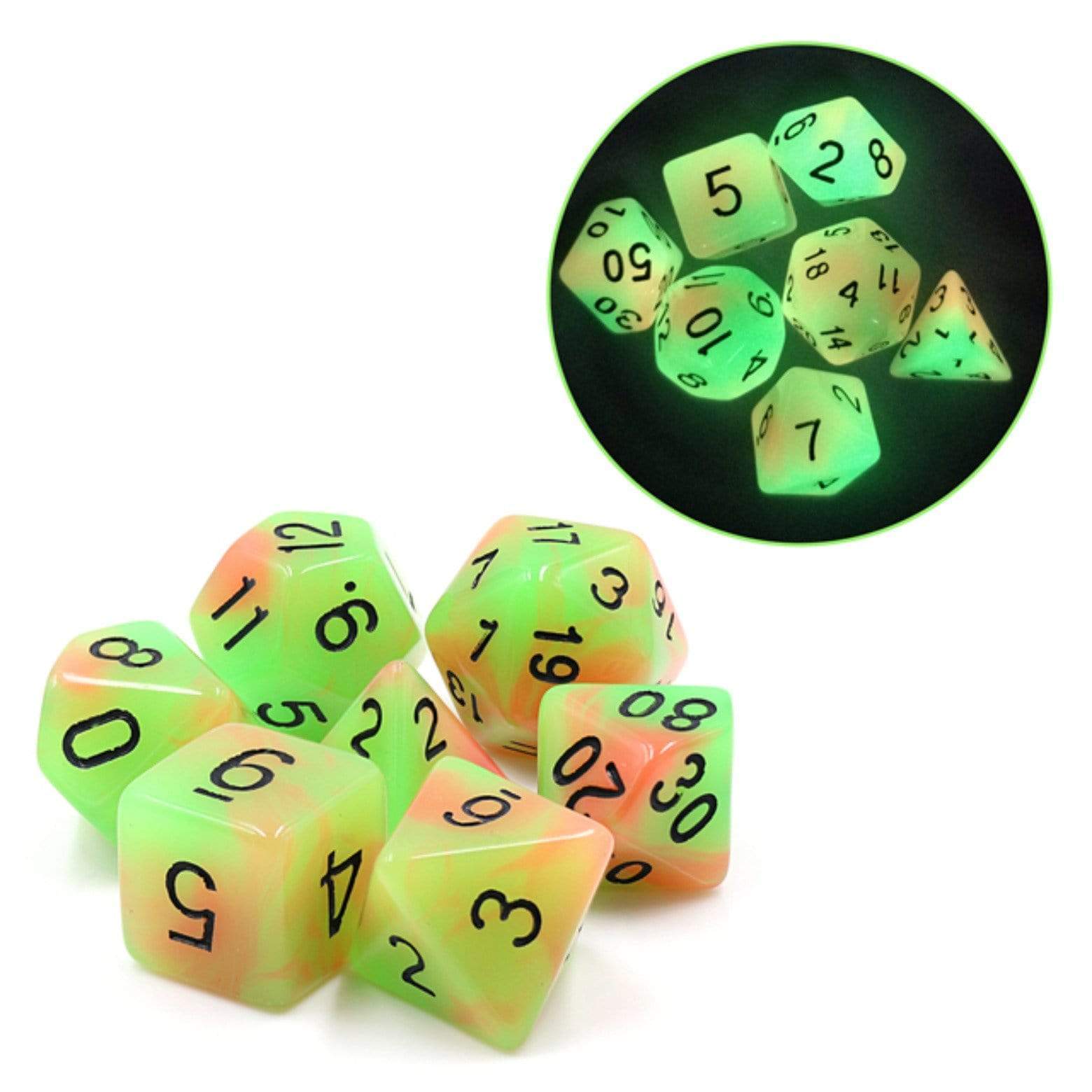 Foam Brain Glow in the Dark Mango Poly 7 Dice Set | Dragon's Lair Comics and Fantasy Houston TX