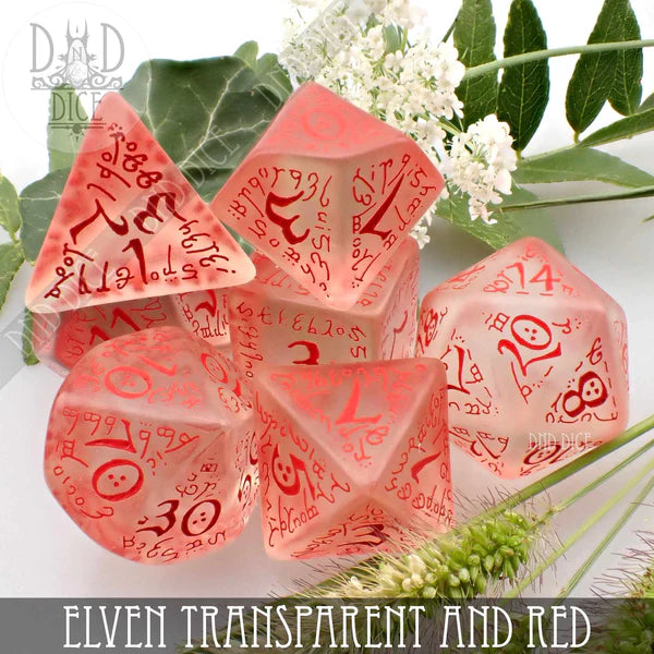 Q Workshop Poly 7 Dice Set: Elvish Transparent and Red | Dragon's Lair Comics and Fantasy Houston TX