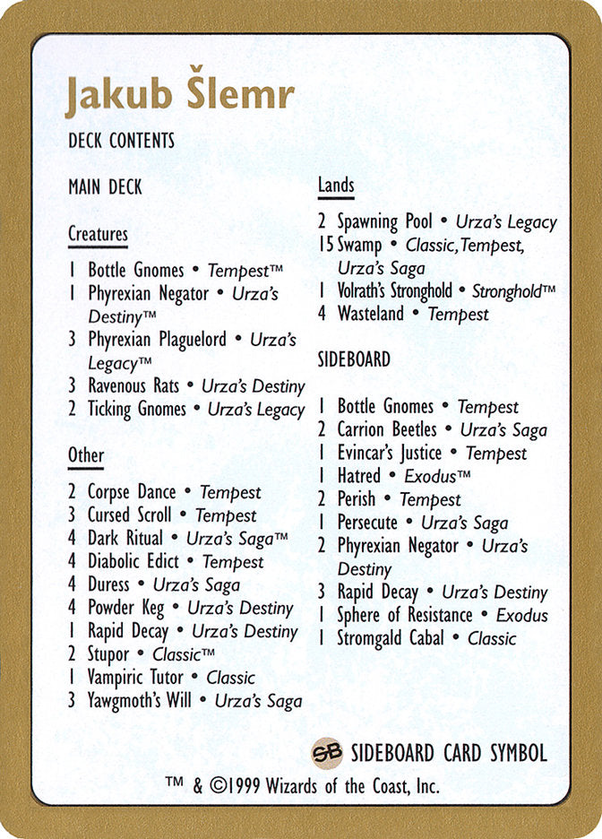 Jakub Slemr Decklist [World Championship Decks 1999] | Dragon's Lair Comics and Fantasy Houston TX