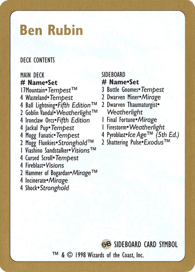 Ben Rubin Decklist [World Championship Decks 1998] | Dragon's Lair Comics and Fantasy Houston TX
