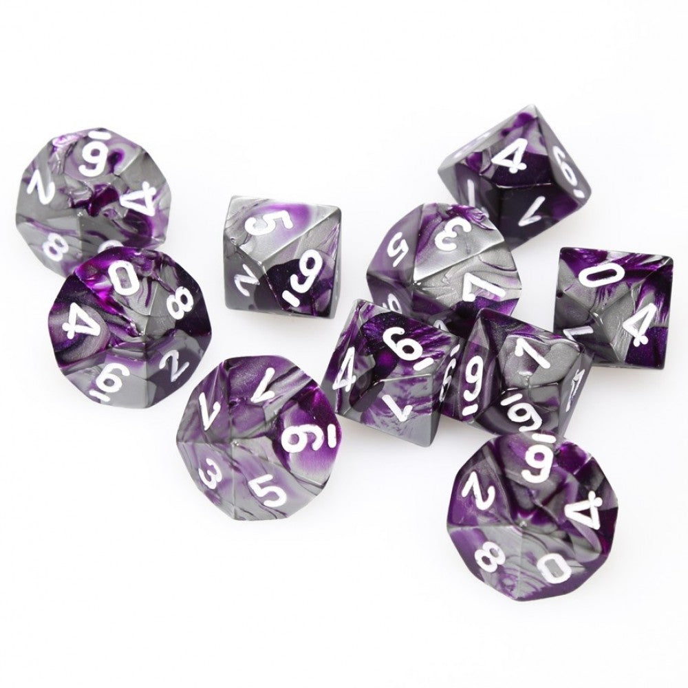 Chessex Gemini Purple and Steel with White d10 Set | Dragon's Lair Comics and Fantasy Houston TX