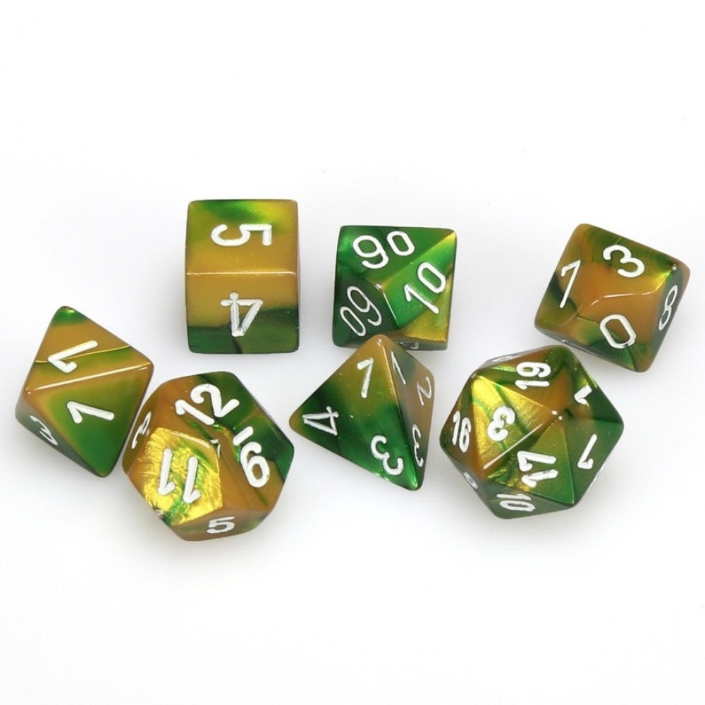 Chessex Gemini Green and Gold with White Poly 7 Set | Dragon's Lair Comics and Fantasy Houston TX