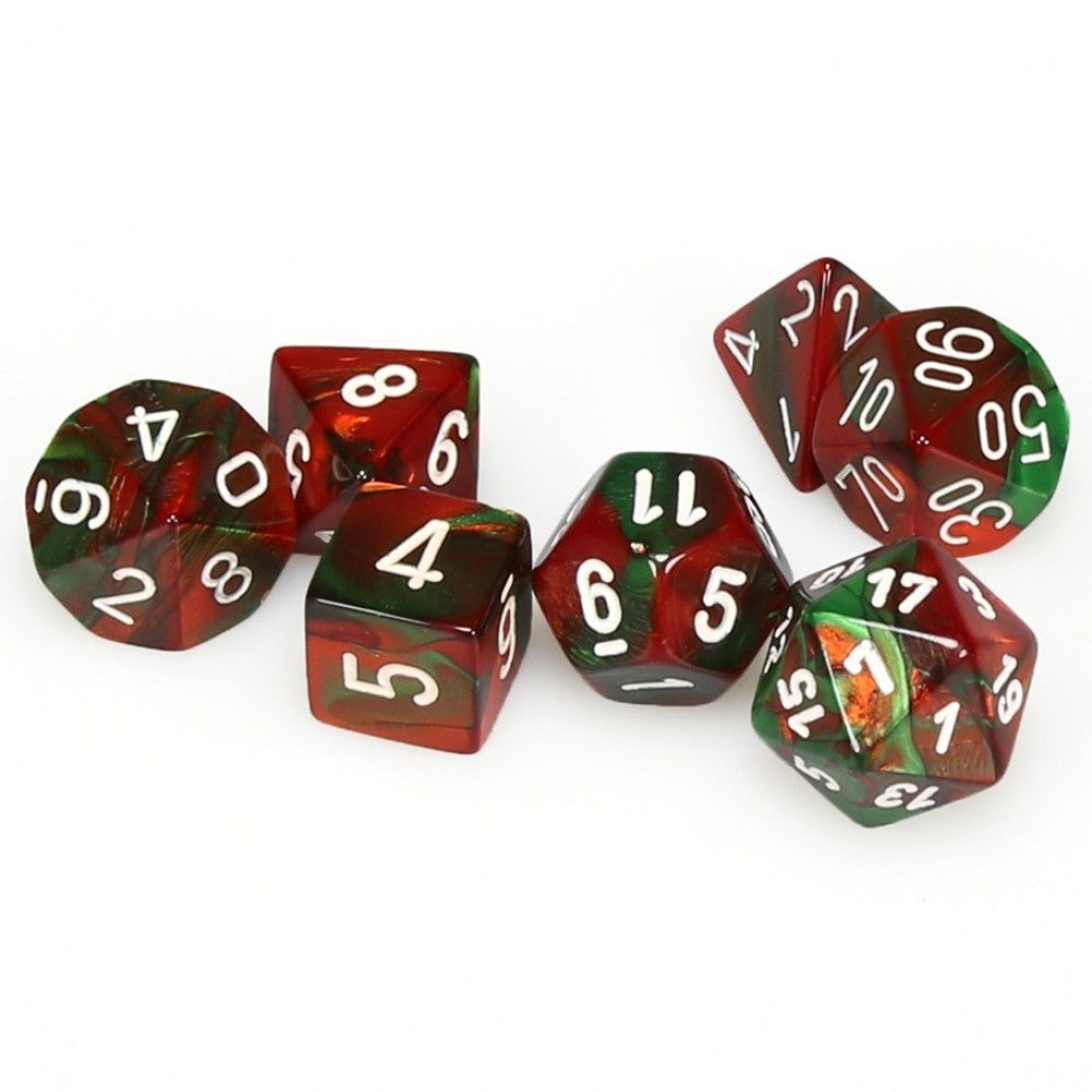 Chessex Gemini Green and Red with White Poly 7 Set | Dragon's Lair Comics and Fantasy Houston TX