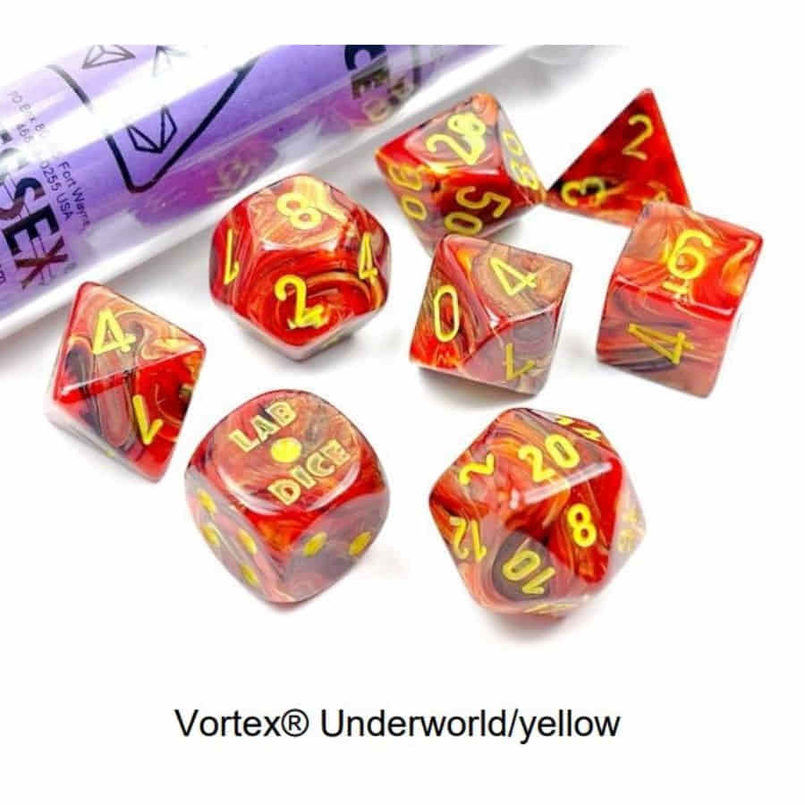 Chessex Lab Dice Vortex Underworld/Yellow Poly 7 Set | Dragon's Lair Comics and Fantasy Houston TX
