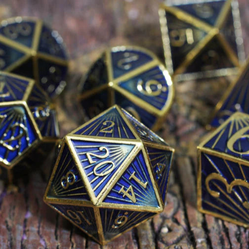 Forged Gaming Poly 7 Metal Dice Set: Art Deco Blue and Gold | Dragon's Lair Comics and Fantasy Houston TX