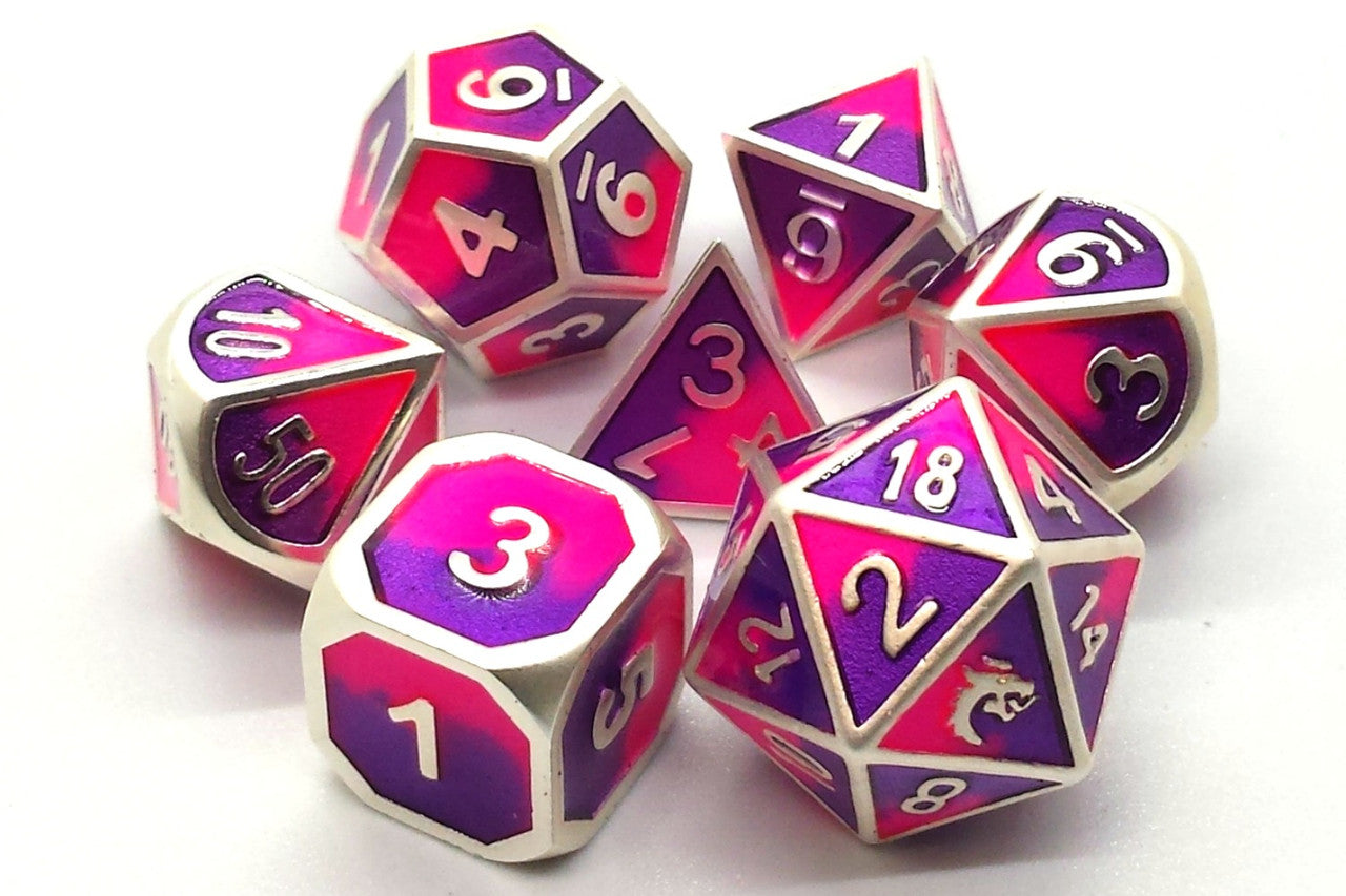 Old School Dice Dragon Forged Platinum Purple and Pink Metal Poly 7 Set | Dragon's Lair Comics and Fantasy Houston TX