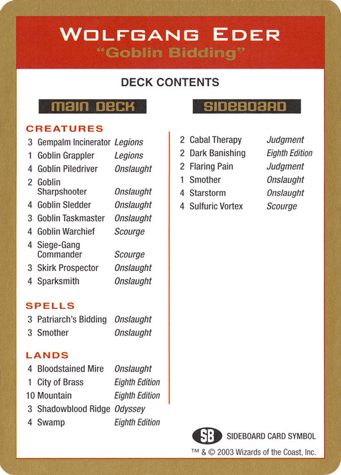 Wolfgang Eder Decklist [World Championship Decks 2003] | Dragon's Lair Comics and Fantasy Houston TX