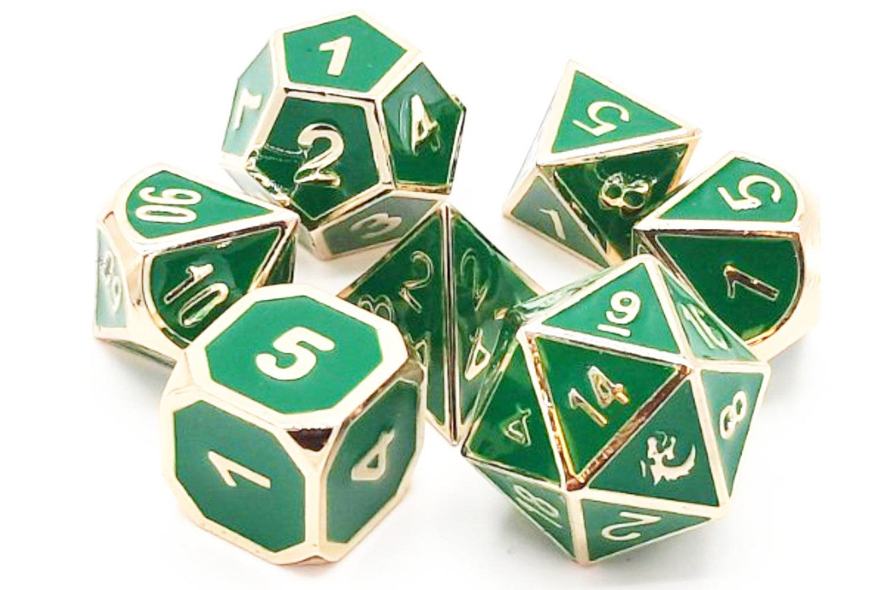 Old School Dice Elven Forged Green with Gold Metal Poly 7 Set | Dragon's Lair Comics and Fantasy Houston TX