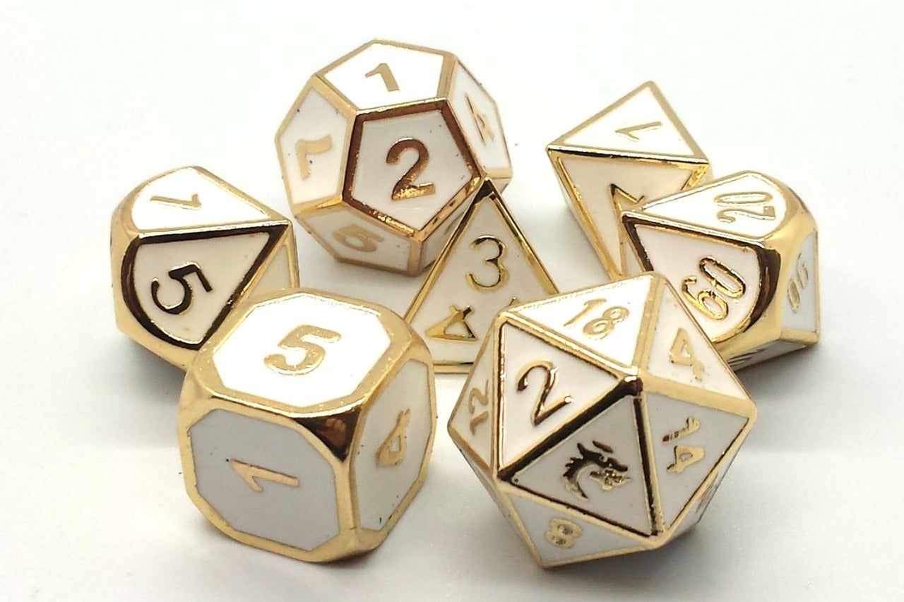 Old School Dice Elven White Gold Poly 7 Set | Dragon's Lair Comics and Fantasy Houston TX
