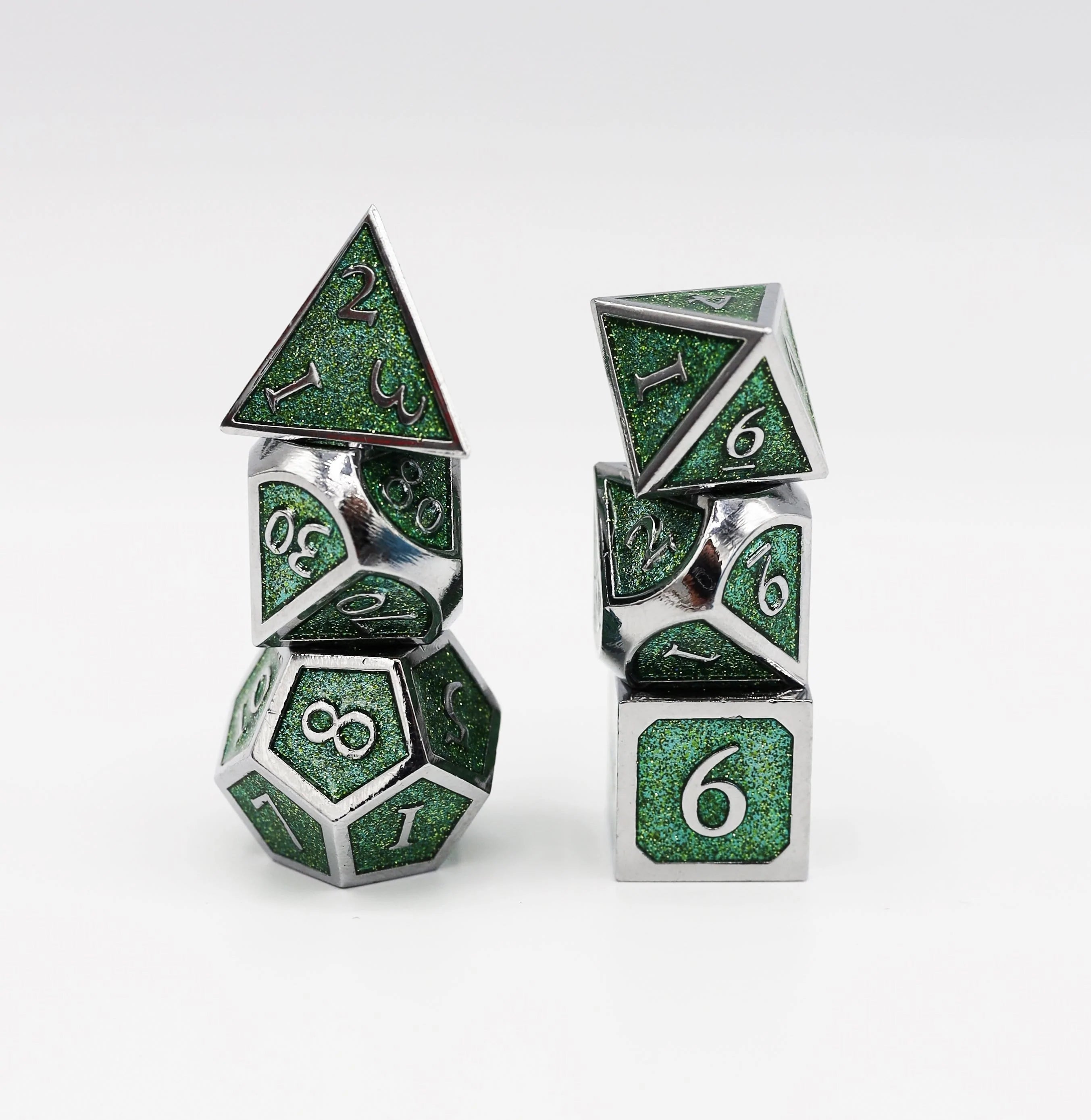 Foam Brain Poly 7 Metal Dice Set: Silver with Emerald Glitter | Dragon's Lair Comics and Fantasy Houston TX