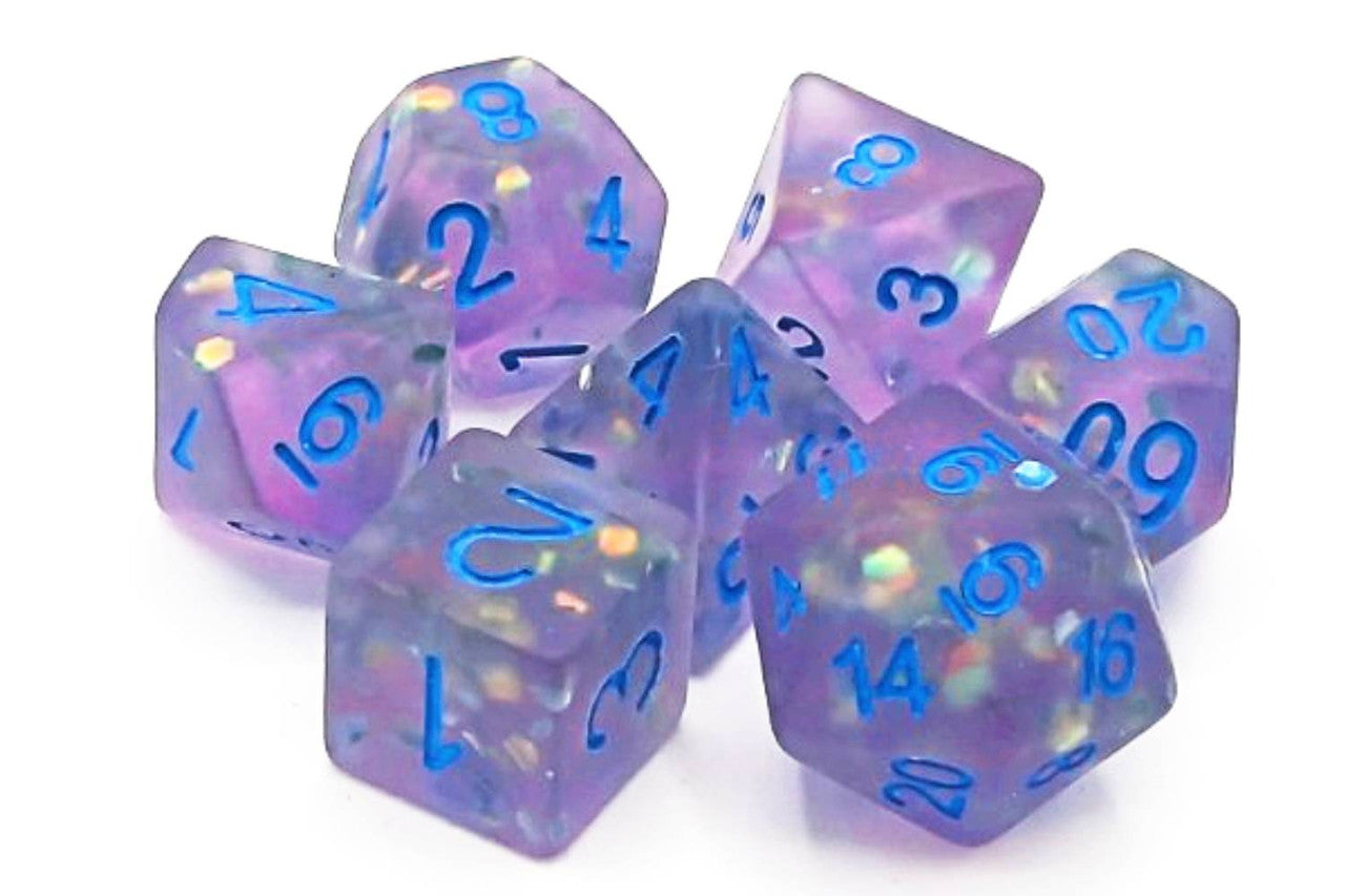 Old School Dice Infused - Frosted Firefly Lavender with Blue Poly 7 Set | Dragon's Lair Comics and Fantasy Houston TX