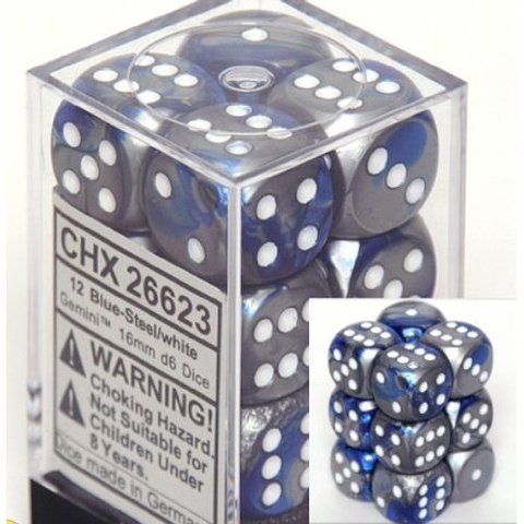 Chessex Gemini Blue and Steel with White 16mm d6 Set | Dragon's Lair Comics and Fantasy Houston TX