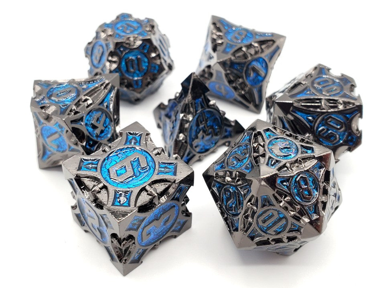 Old School Dice Gnome Forged Black Nickel with Blue Metal Poly 7 Set | Dragon's Lair Comics and Fantasy Houston TX