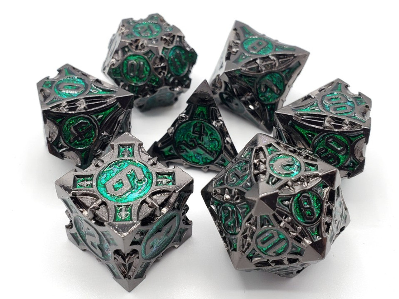 Old School Dice Gnome Forged Black Nickel with Green Metal Poly 7 Set | Dragon's Lair Comics and Fantasy Houston TX