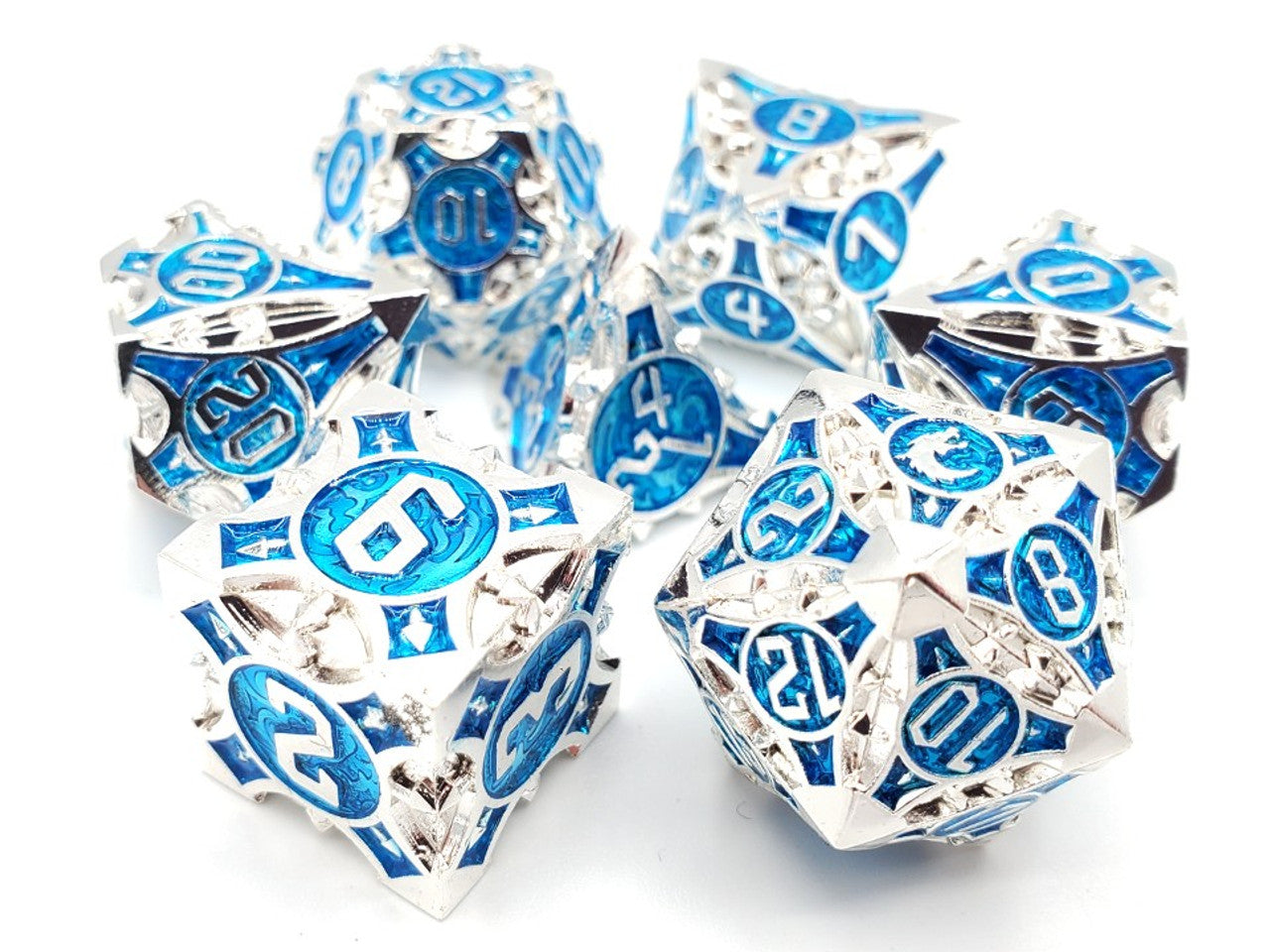 Old School Dice Gnome Forged Silver with Blue Metal Poly 7 Set | Dragon's Lair Comics and Fantasy Houston TX