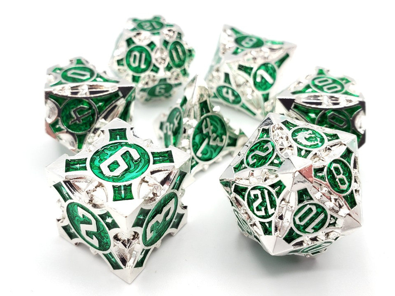 Old School Dice Gnome Forged Silver with Green Metal Poly 7 Set | Dragon's Lair Comics and Fantasy Houston TX