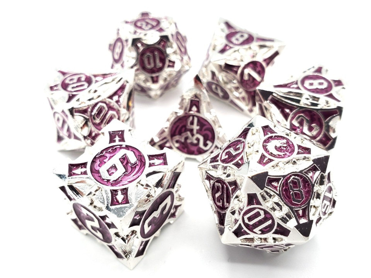 Old School Dice Gnome Forged Siler with Purple Metal Poly 7 Set | Dragon's Lair Comics and Fantasy Houston TX