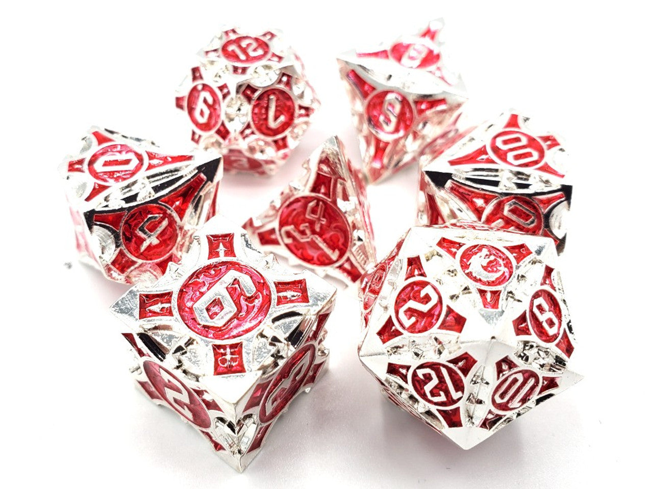 Old School Dice Gnome Forged Silver with Red Metal Poly 7 Set | Dragon's Lair Comics and Fantasy Houston TX
