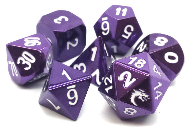 Old School Dice Halfling Forged Electric Purple Metal Poly 7 Set | Dragon's Lair Comics and Fantasy Houston TX
