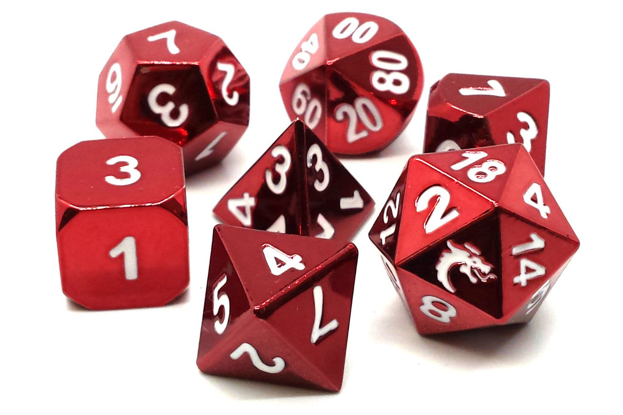 Old School Dice Halfling Forged Electric Red Metal Poly 7 Set | Dragon's Lair Comics and Fantasy Houston TX