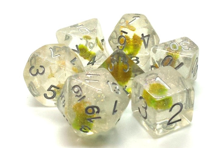 Old School Dice Infused Green Flower Poly 7 Set | Dragon's Lair Comics and Fantasy Houston TX
