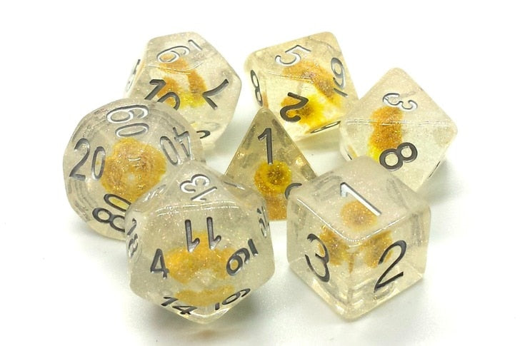 Old School Dice Infused Yellow Flower Poly 7 Set | Dragon's Lair Comics and Fantasy Houston TX