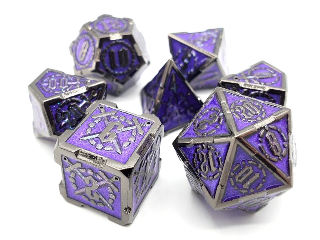 Old School Dice Knights of the Round Table Black with Amethyst Metal Poly 7 Set | Dragon's Lair Comics and Fantasy Houston TX