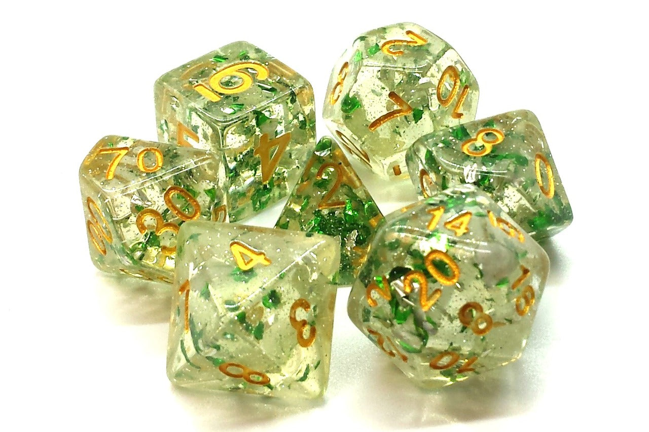 Old School Dice Particles Green Gold Poly 7 Set | Dragon's Lair Comics and Fantasy Houston TX