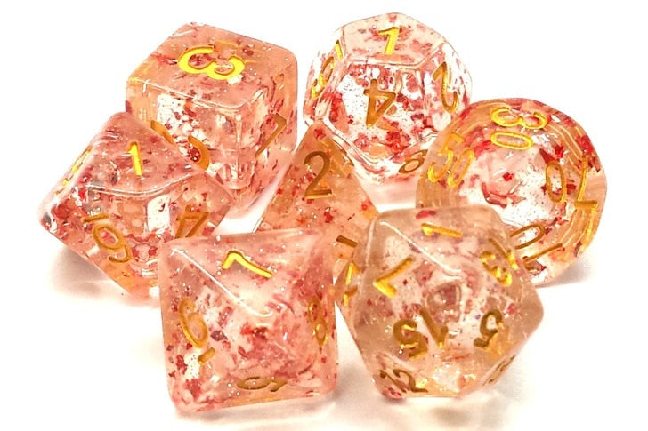 Old School Dice Particles Red Gold Poly 7 Set | Dragon's Lair Comics and Fantasy Houston TX
