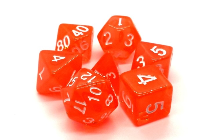Old School Dice Translucent Orange Poly 7 Set | Dragon's Lair Comics and Fantasy Houston TX
