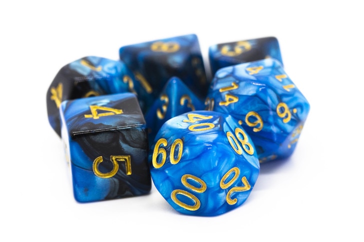 Old School Dice Vorpal Black Blue Gold Poly 7 Set | Dragon's Lair Comics and Fantasy Houston TX