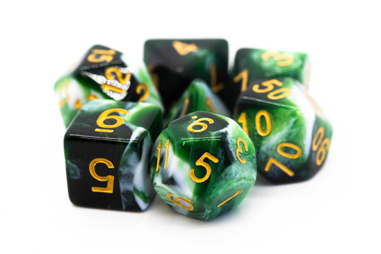 Old School Dice Vorpal Green and White with Gold Poly 7 | Dragon's Lair Comics and Fantasy Houston TX