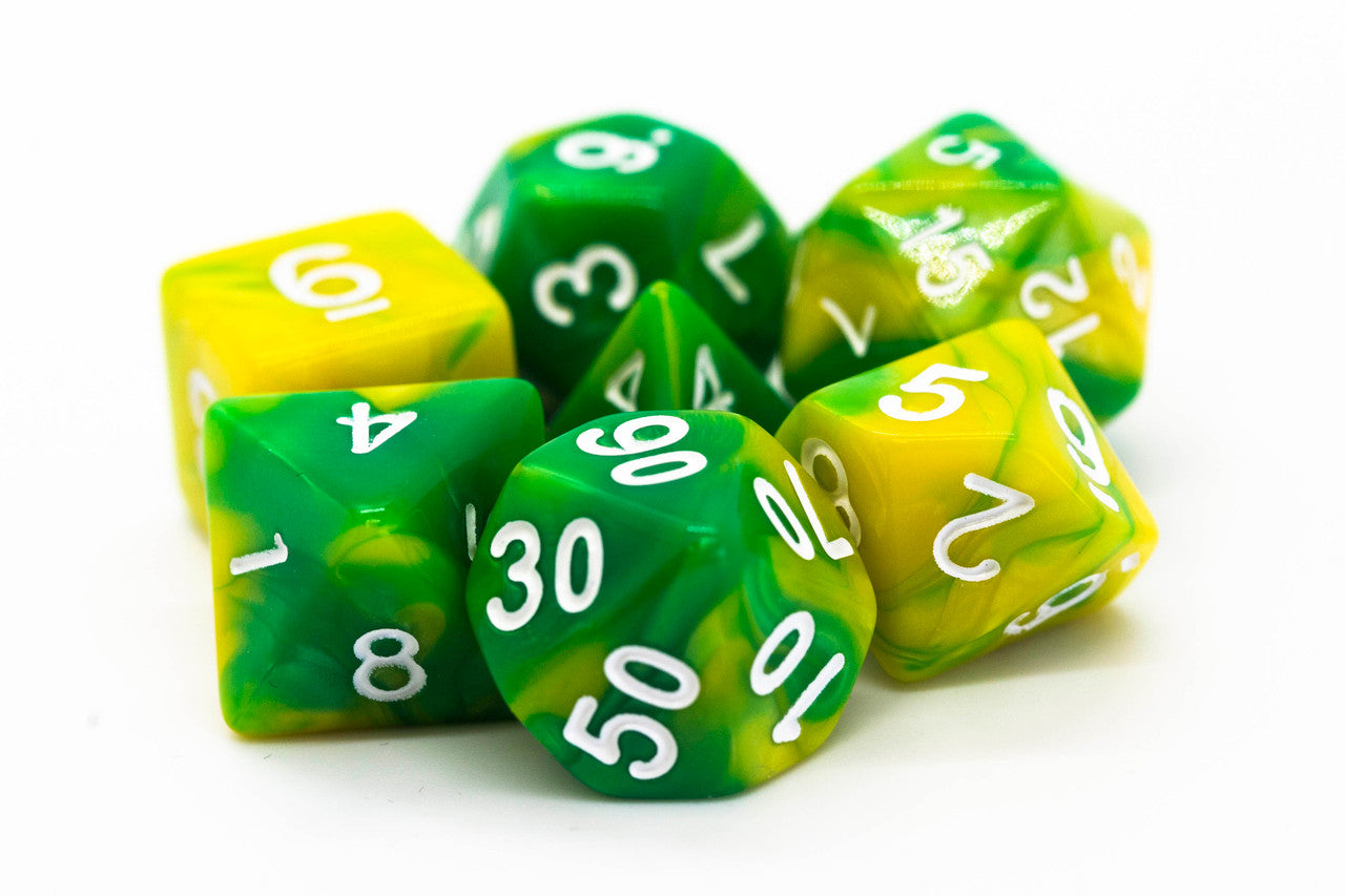 Old School Dice Vorpal - Green and Yellow Poly 7 Set | Dragon's Lair Comics and Fantasy Houston TX