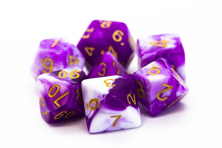 Old School Dice Vorpal Purple White Gold Poly 7 Set | Dragon's Lair Comics and Fantasy Houston TX